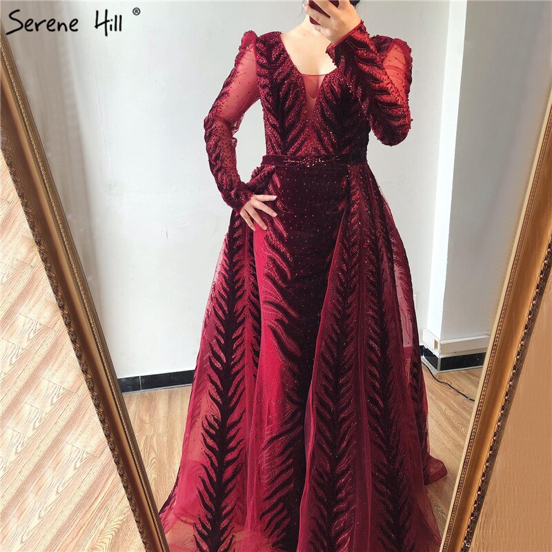 Velvet Wine Red Evening Dresses Long Sleeves Luxury Design Beading Formal Dress 2025 Serene Hill Plus Size LA60903 - SERENE HILL