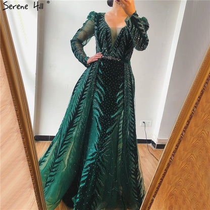 Velvet Wine Red Evening Dresses Long Sleeves Luxury Design Beading Formal Dress 2025 Serene Hill Plus Size LA60903 - SERENE HILL