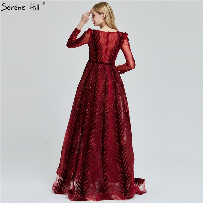 Velvet Wine Red Evening Dresses Long Sleeves Luxury Design Beading Formal Dress 2025 Serene Hill Plus Size LA60903 - SERENE HILL