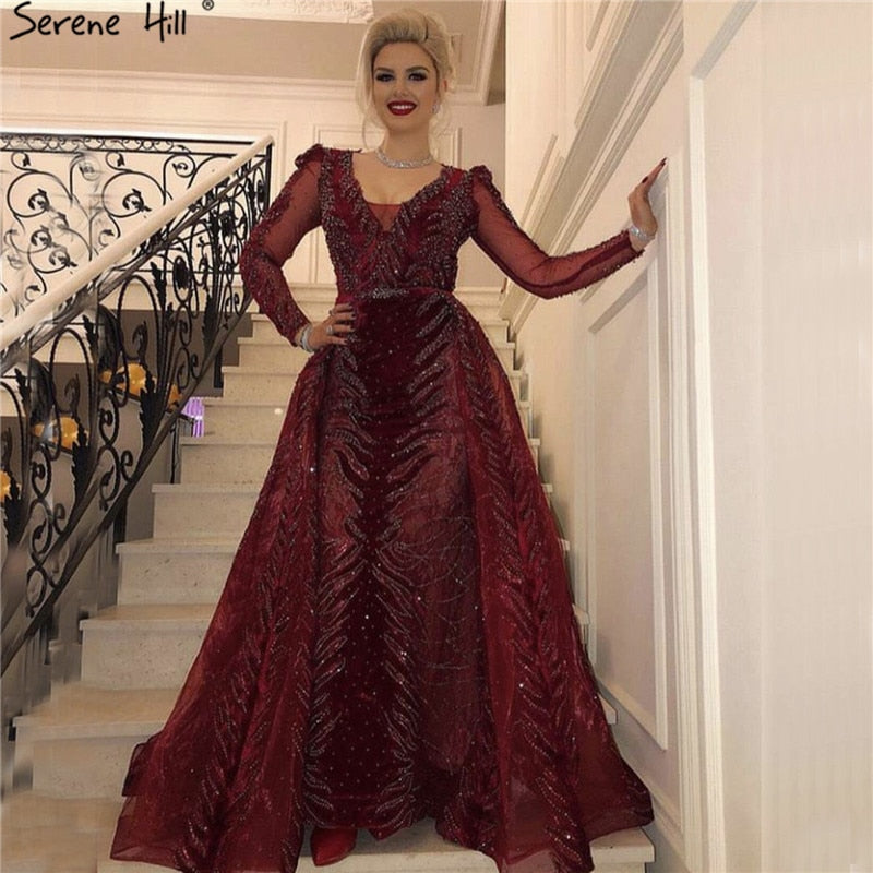Velvet Wine Red Evening Dresses Long Sleeves Luxury Design Beading Formal Dress 2025 Serene Hill Plus Size LA60903 - SERENE HILL