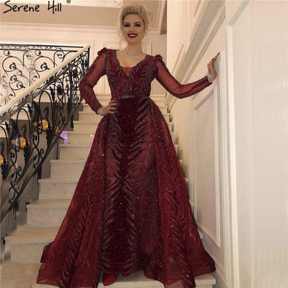 Velvet Wine Red Evening Dresses Long Sleeves Luxury Design Beading Formal Dress 2025 Serene Hill Plus Size LA60903 - SERENE HILL
