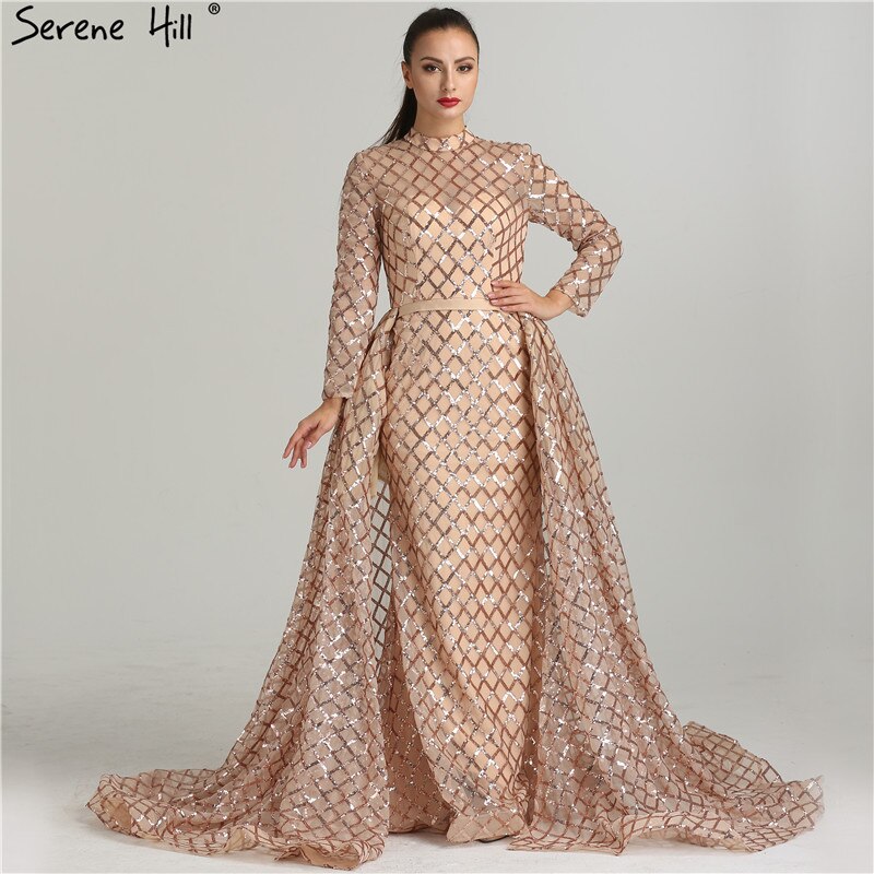 On Sale No Return No Refund Vintage Long Sleeve Luxury Sparkly Evening Dresses 2025 Sequined High Neck Fashion Tulle Evening Gowns Vestidos De Festa LA6414 - SERENE HILL