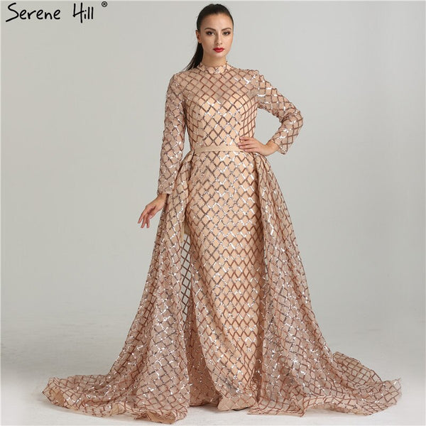On Sale No Return No Refund Vintage Long Sleeve Luxury Sparkly Evening Dresses 2025 Sequined High Neck Fashion Tulle Evening Gowns Vestidos De Festa LA6414