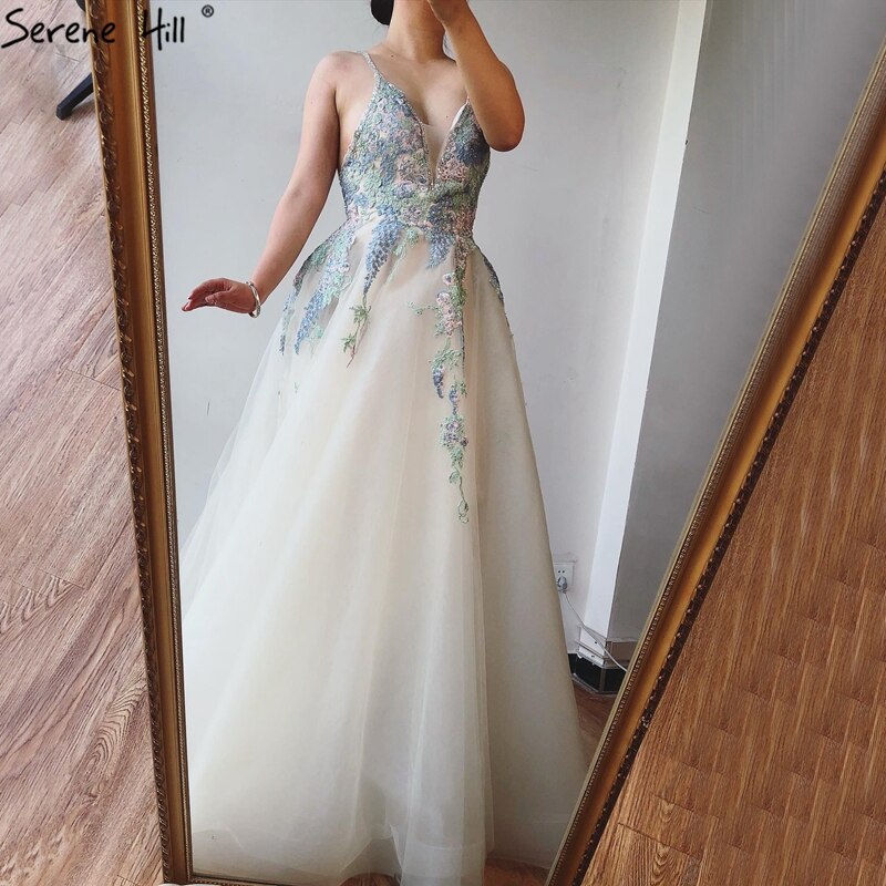 On Sale no return no refundSale White A-Line Sleeveless Sexy Lace Prom Dresses 2025 Tulle Crystal Prom Party Dress Serene Hill LA70475 White / 4