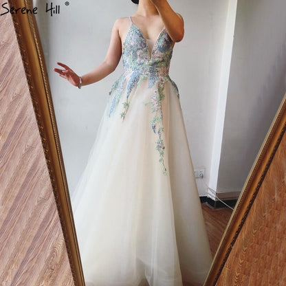 On Sale no return no refundSale White A-Line Sleeveless Sexy Lace Prom Dresses 2025 Tulle Crystal Prom Party Dress Serene Hill LA70475 - SERENE HILL