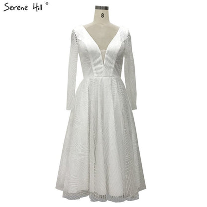 On Sale no return no refundSale White Brown Deep-V Long Sleeves Sexy Cocktail Dresses Glitter A-Line Tea-Length Cocktail Dress 2025 Serene Hill LA70267 - SERENE HILL