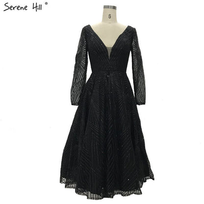 On Sale no return no refundSale White Brown Deep-V Long Sleeves Sexy Cocktail Dresses Glitter A-Line Tea-Length Cocktail Dress 2025 Serene Hill LA70267 - SERENE HILL