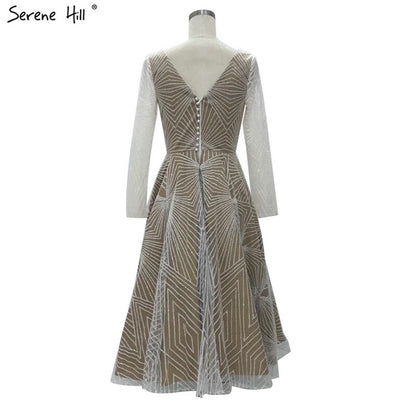 On Sale no return no refundSale White Brown Deep-V Long Sleeves Sexy Cocktail Dresses Glitter A-Line Tea-Length Cocktail Dress 2025 Serene Hill LA70267 - SERENE HILL