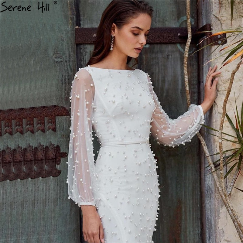 White Long Sleeve Pearls Mermaid Evening Dresses Design 2025 Dubai O-Neck Sexy Tulle Formal Dress Serene Hill LA60995 - SERENE HILL