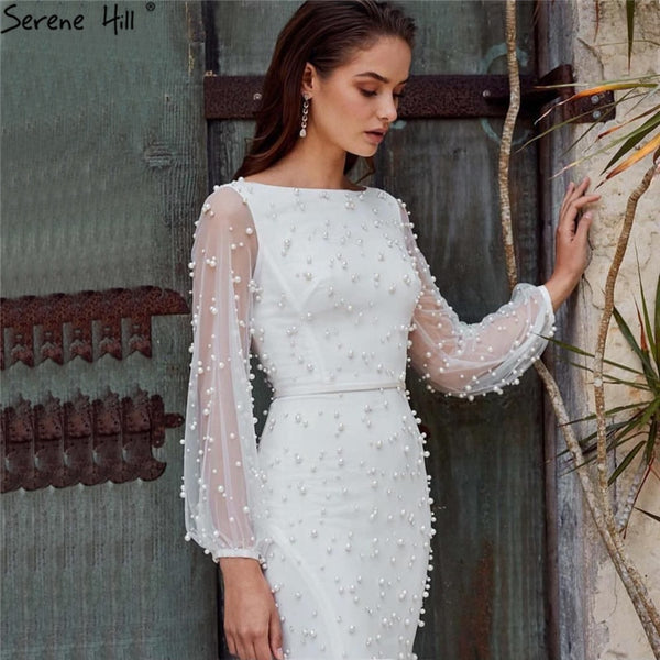 White Long Sleeve Pearls Mermaid Evening Dresses Design 2025 Dubai O-Neck Sexy Tulle Formal Dress Serene Hill LA60995
