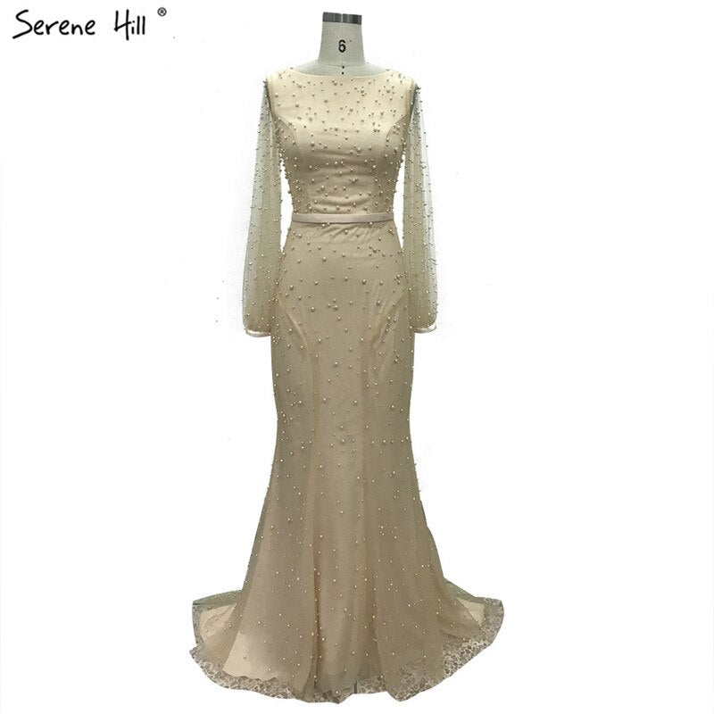 White Long Sleeve Pearls Mermaid Evening Dresses Design 2025 Dubai O-Neck Sexy Tulle Formal Dress Serene Hill LA60995 - SERENE HILL