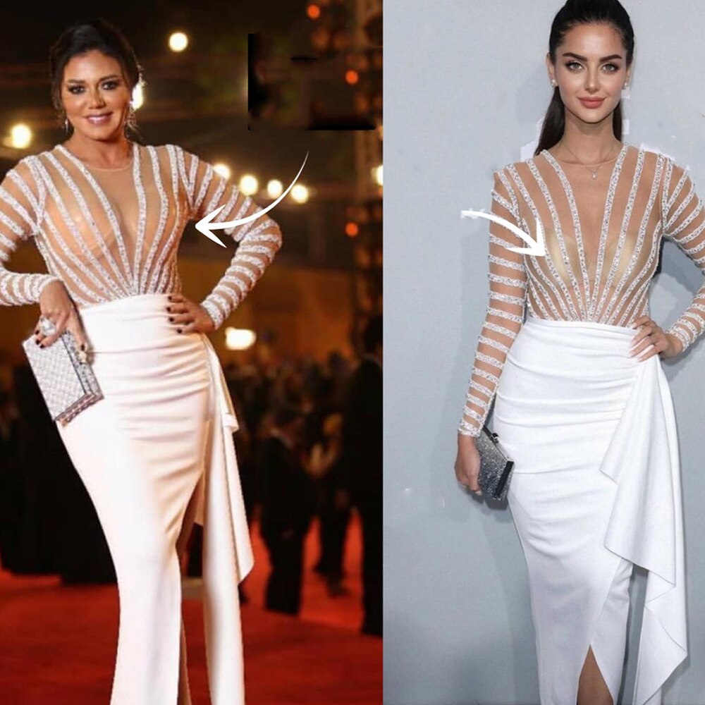White Long Sleeves Mermaid Split Evening Dresses Design 2025 Beaded Luxury Elegant For Women Party Serene Hill LA71531 - SERENE HILL