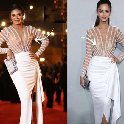 White Long Sleeves Mermaid Split Evening Dresses Design 2025 Beaded Luxury Elegant For Women Party Serene Hill LA71531 - SERENE HILL