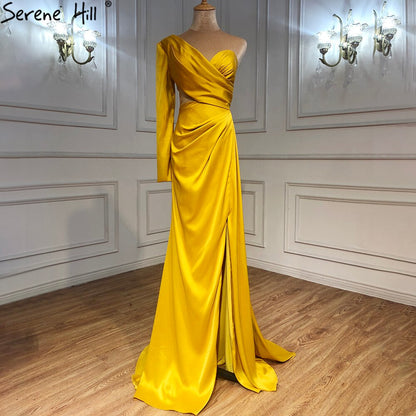 White One Shoulder Long Sleeves Evening Dress 2025 Satin Mermaid Simple Sexy Formal Dress Serene Hill LA70327 - SERENE HILL