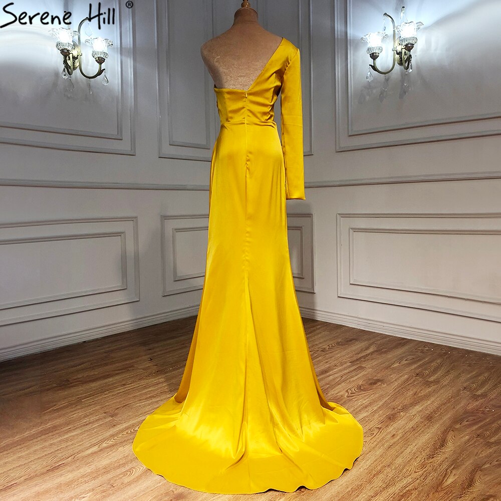 White One Shoulder Long Sleeves Evening Dress 2025 Satin Mermaid Simple Sexy Formal Dress Serene Hill LA70327 - SERENE HILL