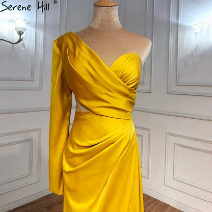 White One Shoulder Long Sleeves Evening Dress 2025 Satin Mermaid Simple Sexy Formal Dress Serene Hill LA70327 - SERENE HILL