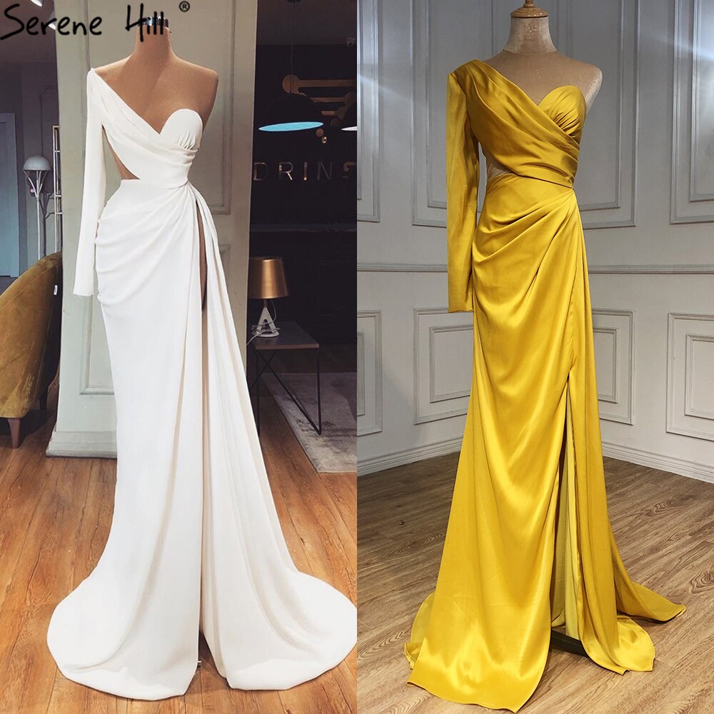 White One Shoulder Long Sleeves Evening Dress 2025 Satin Mermaid Simple Sexy Formal Dress Serene Hill LA70327 - SERENE HILL