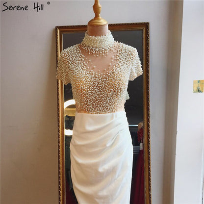 White Short Sleeves Mermaid Evening Dresses Design 2025 High Neck Pearls Beading Evening Gowns Serene Hill LA70207 - SERENE HILL