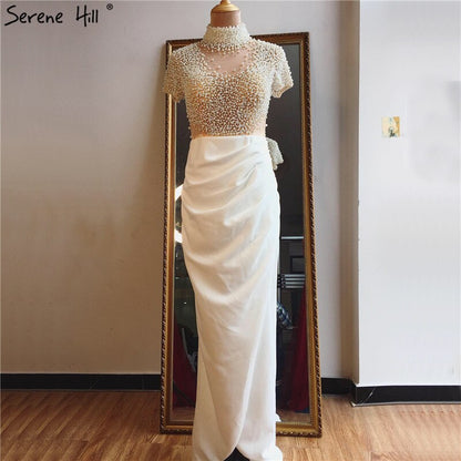 White Short Sleeves Mermaid Evening Dresses Design 2025 High Neck Pearls Beading Evening Gowns Serene Hill LA70207 - SERENE HILL