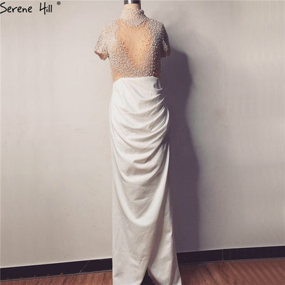 White Short Sleeves Mermaid Evening Dresses Design 2025 High Neck Pearls Beading Evening Gowns Serene Hill LA70207 - SERENE HILL