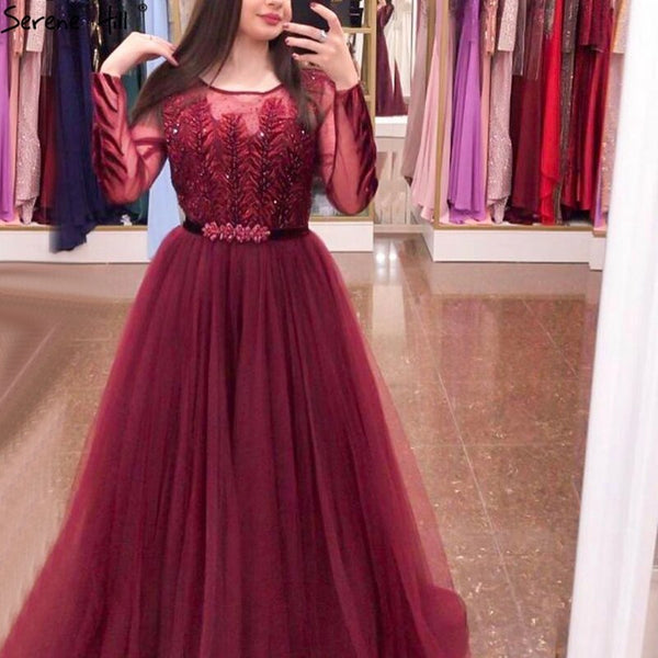 Wine Red A-Line Tulle Design Evening Dresses Long Sleeves Crystal Luxury Formal Dress Serene Hill 2025 LA70280