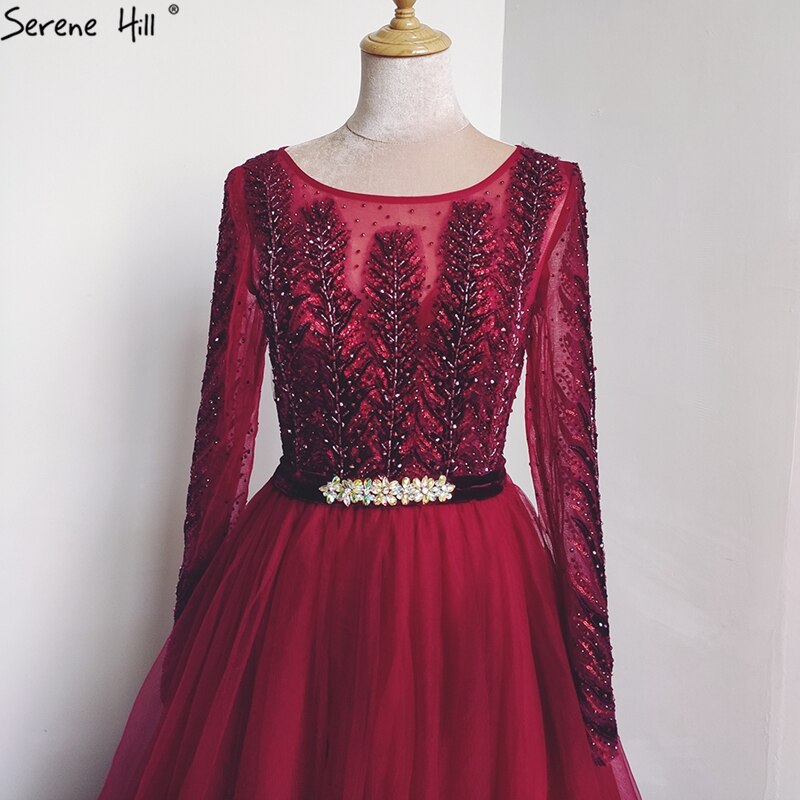 Wine Red A-Line Tulle Design Evening Dresses Long Sleeves Crystal Luxury Formal Dress Serene Hill 2025 LA70280 - SERENE HILL