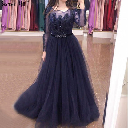 Wine Red A-Line Tulle Design Evening Dresses Long Sleeves Crystal Luxury Formal Dress Serene Hill 2025 LA70280 - SERENE HILL