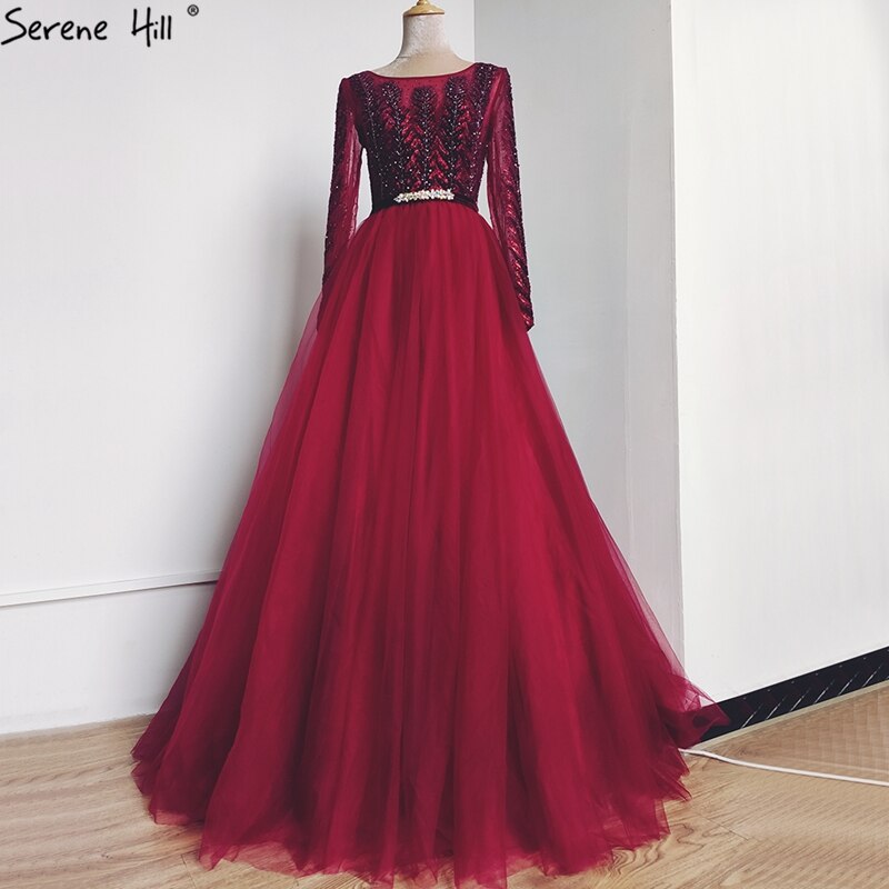 Wine Red A-Line Tulle Design Evening Dresses Long Sleeves Crystal Luxury Formal Dress Serene Hill 2025 LA70280 - SERENE HILL