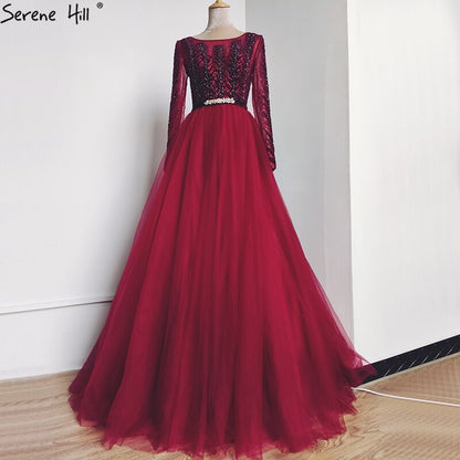 Wine Red A-Line Tulle Design Evening Dresses Long Sleeves Crystal Luxury Formal Dress Serene Hill 2025 LA70280 - SERENE HILL
