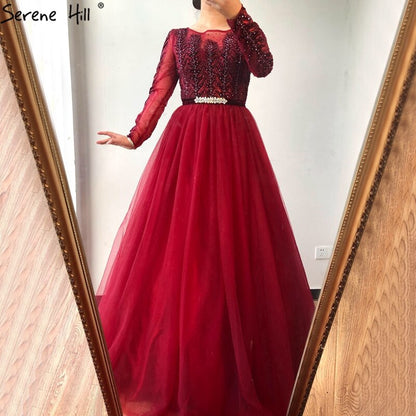 Wine Red A-Line Tulle Design Evening Dresses Long Sleeves Crystal Luxury Formal Dress Serene Hill 2025 LA70280 - SERENE HILL