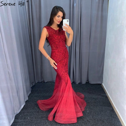Wine Red Dubai Crystal O-Neck Evening Dresses Mermaid Sleeveless Luxury Formal Dress Real Photo LA60980 - SERENE HILL