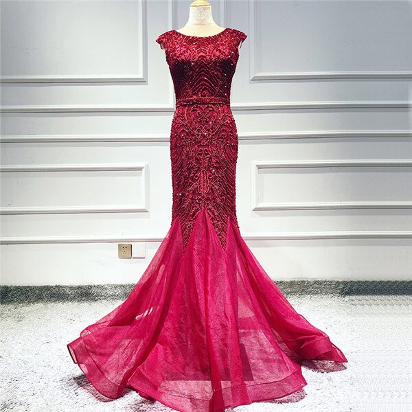 Wine Red Dubai Crystal O-Neck Evening Dresses Mermaid Sleeveless Luxury Formal Dress Real Photo LA60980 - SERENE HILL