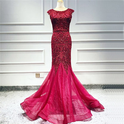 Wine Red Dubai Crystal O-Neck Evening Dresses Mermaid Sleeveless Luxury Formal Dress Real Photo LA60980 - SERENE HILL