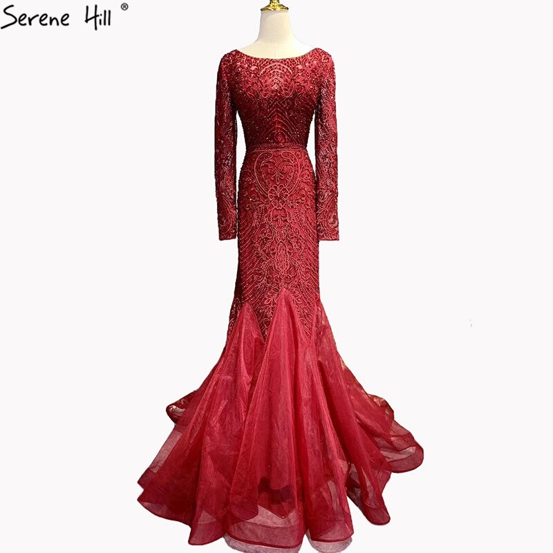 Wine Red Dubai Crystal O-Neck Evening Dresses Mermaid Sleeveless Luxury Formal Dress Real Photo LA60980 - SERENE HILL