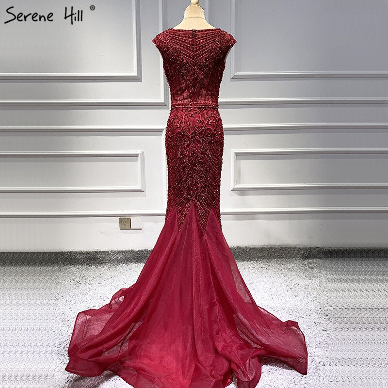Wine Red Dubai Crystal O-Neck Evening Dresses Mermaid Sleeveless Luxury Formal Dress Real Photo LA60980 - SERENE HILL