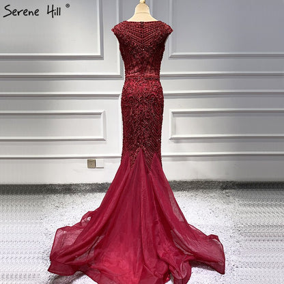 Wine Red Dubai Crystal O-Neck Evening Dresses Mermaid Sleeveless Luxury Formal Dress Real Photo LA60980 - SERENE HILL