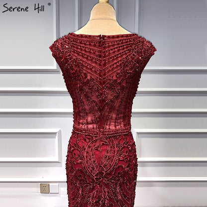 Wine Red Dubai Crystal O-Neck Evening Dresses Mermaid Sleeveless Luxury Formal Dress Real Photo LA60980 - SERENE HILL