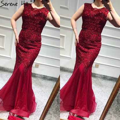 Wine Red Dubai Crystal O-Neck Evening Dresses Mermaid Sleeveless Luxury Formal Dress Real Photo LA60980 - SERENE HILL