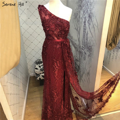 Wine Red Handmade Flowers Pearls Evening Dresses One-Shoulder Sexy Luxury Evening Gowns 2025 Serene Hill LA60901 - SERENE HILL