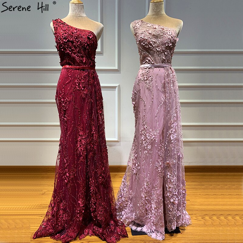 Wine Red Handmade Flowers Pearls Evening Dresses One-Shoulder Sexy Luxury Evening Gowns 2025 Serene Hill LA60901 - SERENE HILL