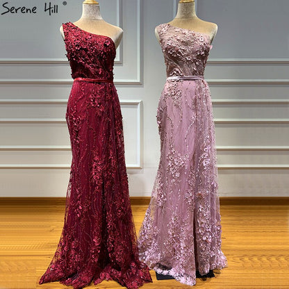 Wine Red Handmade Flowers Pearls Evening Dresses One-Shoulder Sexy Luxury Evening Gowns 2025 Serene Hill LA60901 - SERENE HILL