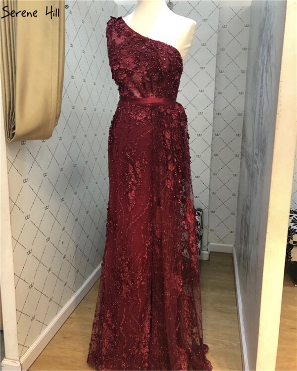 Wine Red Handmade Flowers Pearls Evening Dresses One-Shoulder Sexy Luxury Evening Gowns 2025 Serene Hill LA60901 - SERENE HILL