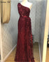 Wine Red Handmade Flowers Pearls Evening Dresses One-Shoulder Sexy Luxury Evening Gowns 2025 Serene Hill LA60901 - SERENE HILL