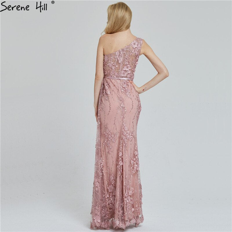 Wine Red Handmade Flowers Pearls Evening Dresses One-Shoulder Sexy Luxury Evening Gowns 2025 Serene Hill LA60901 - SERENE HILL