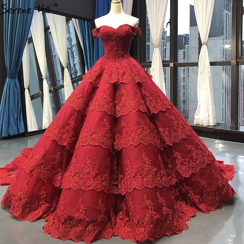 Wine Red Luxury Lace Tiered Sexy Wedding Dress Sleeveless Beading Bridal Gowns 2025 Real Picture HM66786 Custom Made - SERENE HILL
