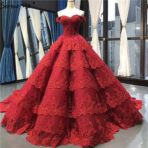 Wine Red Luxury Lace Tiered Sexy Wedding Dress Sleeveless Beading Bridal Gowns 2025 Real Picture HM66786 Custom Made - SERENE HILL
