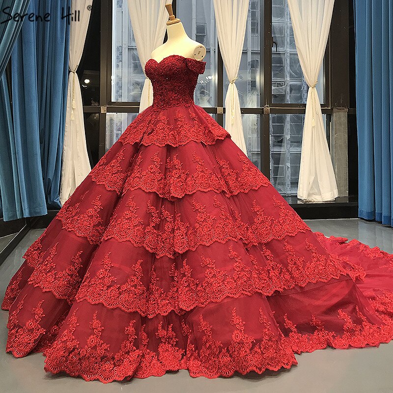Wine Red Luxury Lace Tiered Sexy Wedding Dress Sleeveless Beading Bridal Gowns 2025 Real Picture HM66786 Custom Made - SERENE HILL