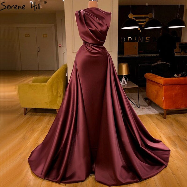 Designer Wine Red Sleeveless Satin Mermaid Evening Dress LA70577