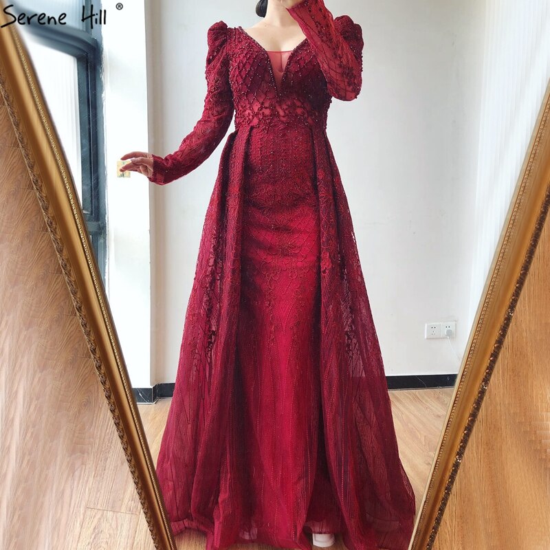 Wine Red Mermaid V-Neck Dubai Evening Dresses 2021 Luxury Long Sleeves Beading Crystal Formal Dress Serene Hill LA70537 - SERENE HILL