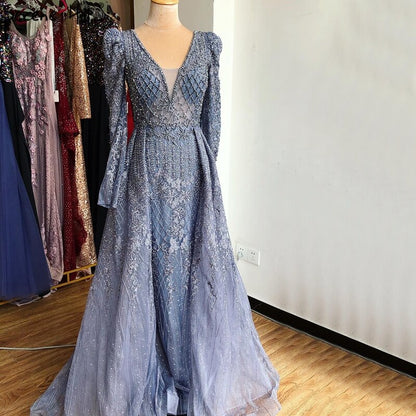 Wine Red Mermaid V-Neck Dubai Evening Dresses 2025 Luxury Long Sleeves Beading Crystal Formal Dress Serene Hill LA70537 - SERENE HILL